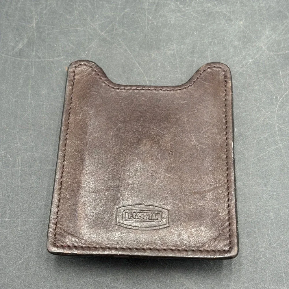 Fossil Mens Brown Leather Slim Card Holder Wallet with Brass Money Clip